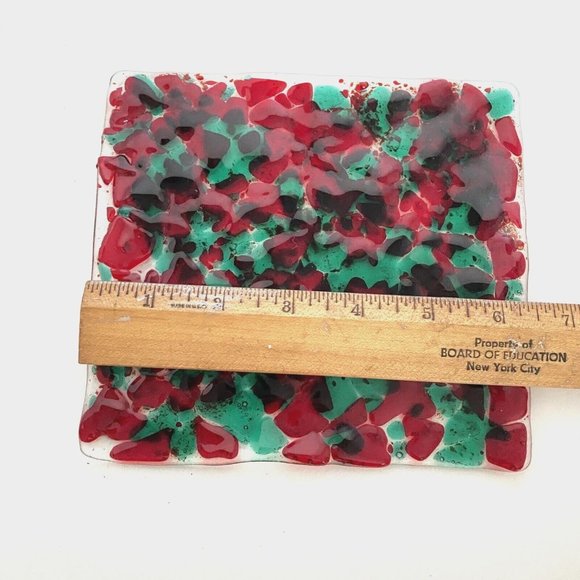 Fused Art Glass Trinket Tray Ring Dish Catch All Cranberry Red Mint Green 6x6.5 - Picture 5 of 6